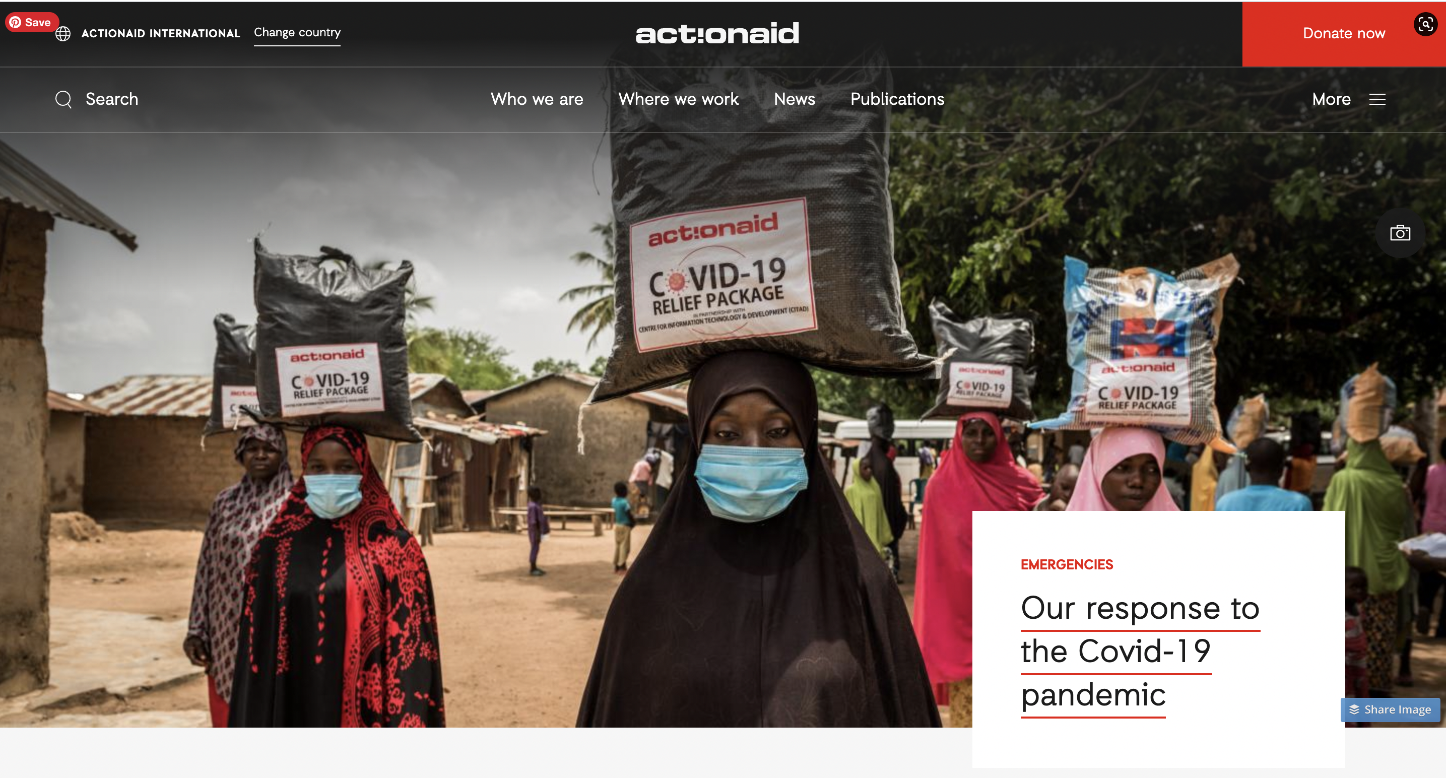 Homepage with full size image of women wearing masks and carrying Covid relief parcels on their heads