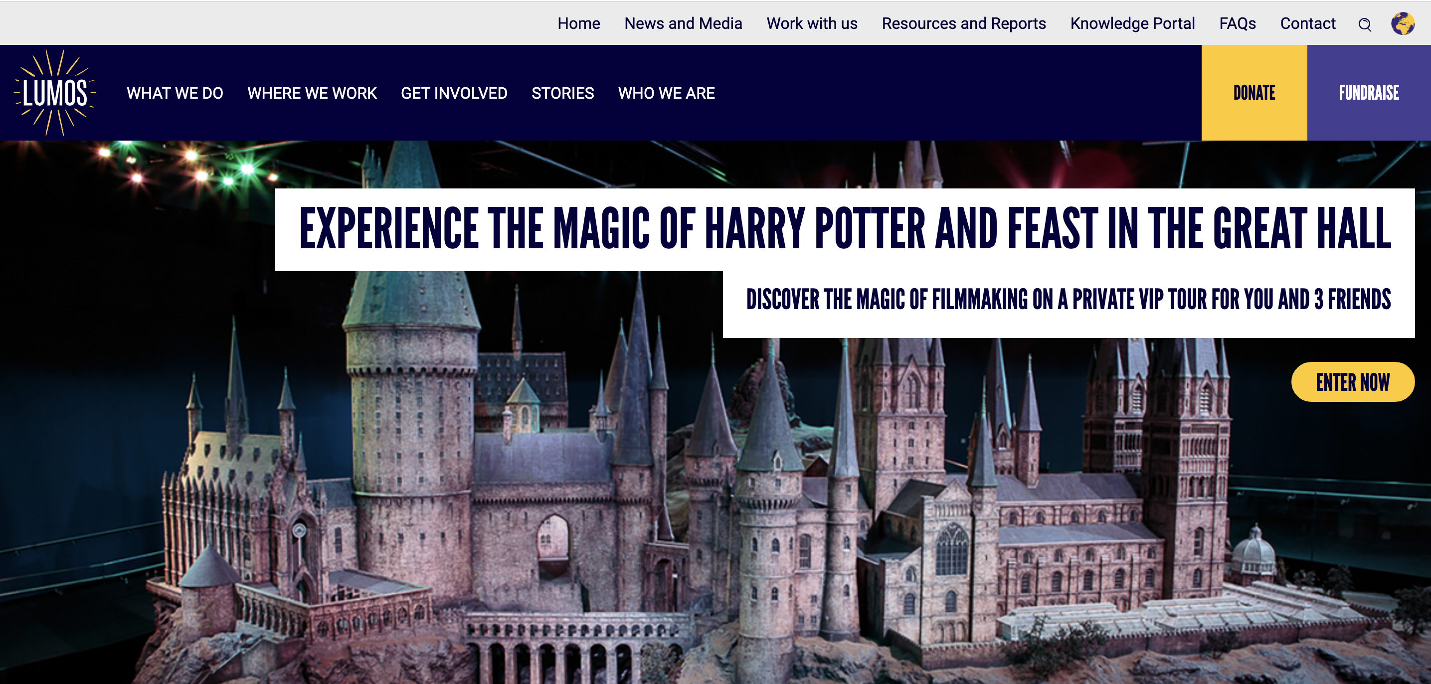 Lumos homepage showing full screen image of Hogwarts castle promoting their latest fundraiser