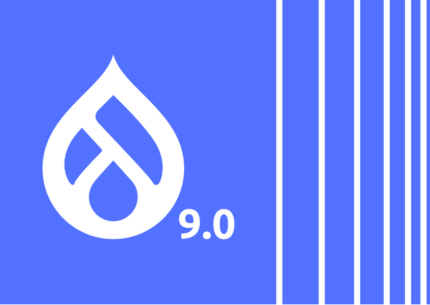 Drupal 9 logo on blue background with bars