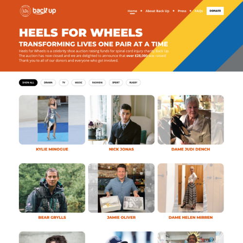 Heels for Wheels homepage for The BackUp Trust using Raisely