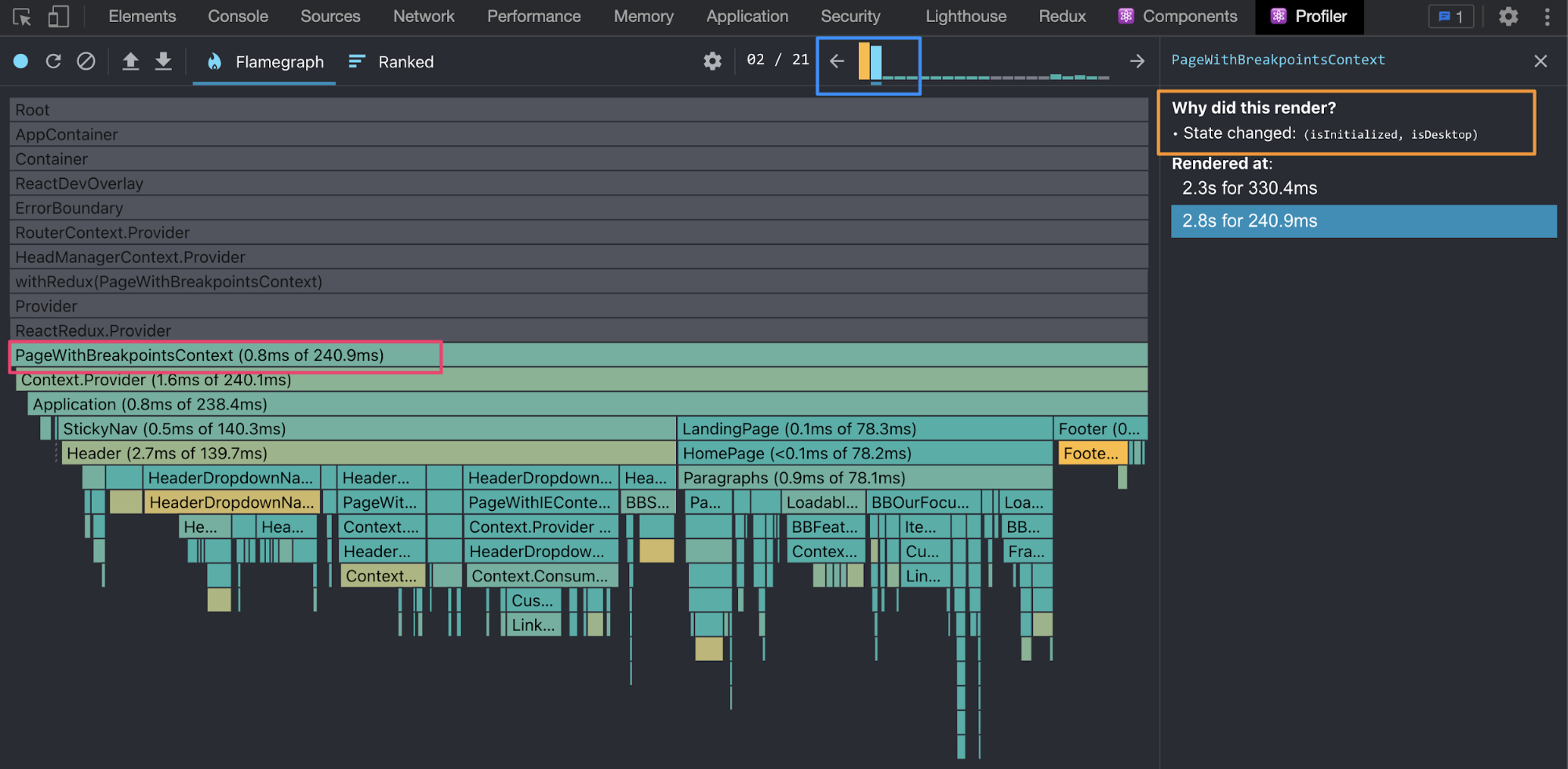 React profiler in Chrome DevTools