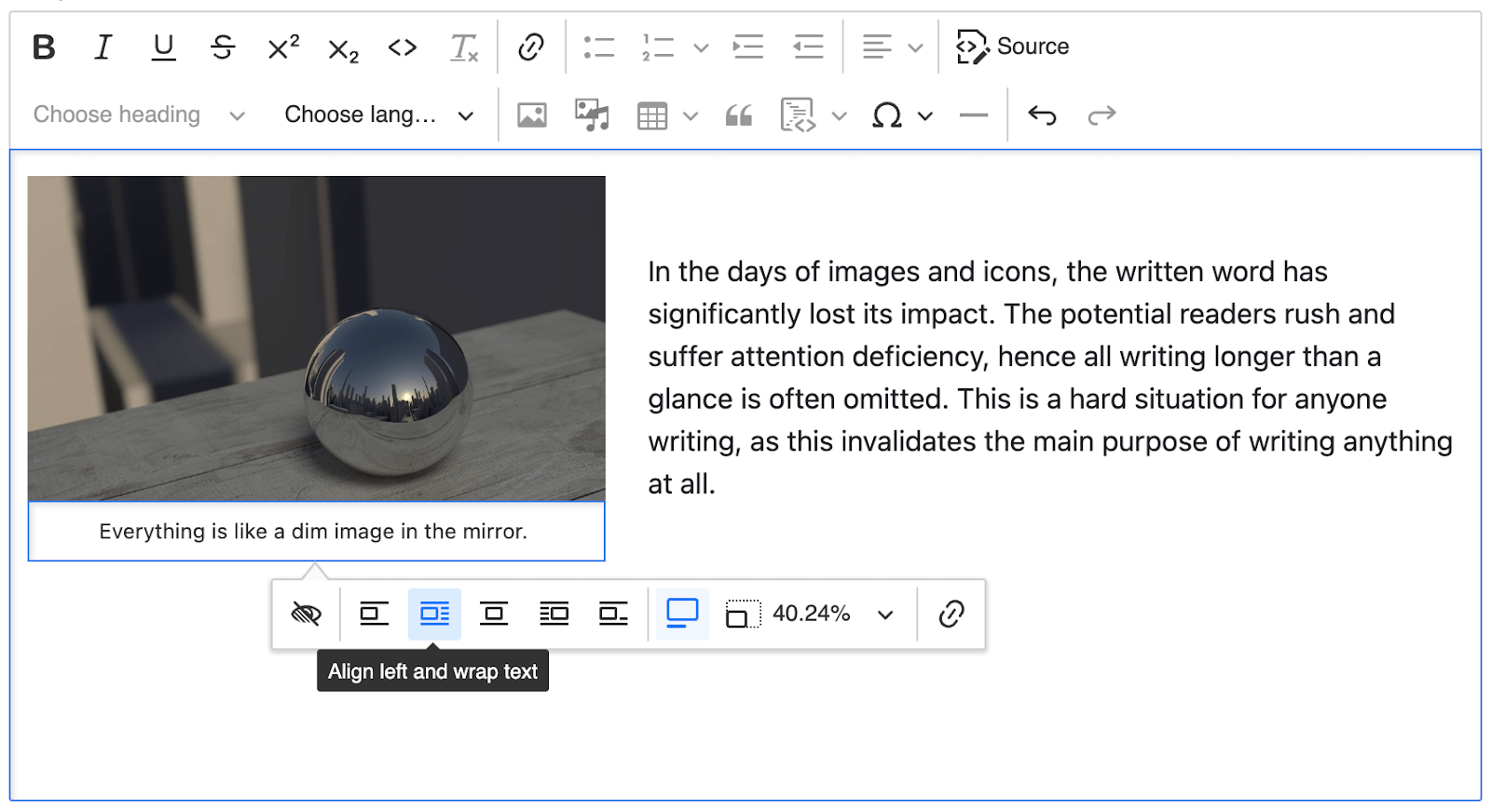 Screenshot showing the CK Editor with image insertion and text wrapping