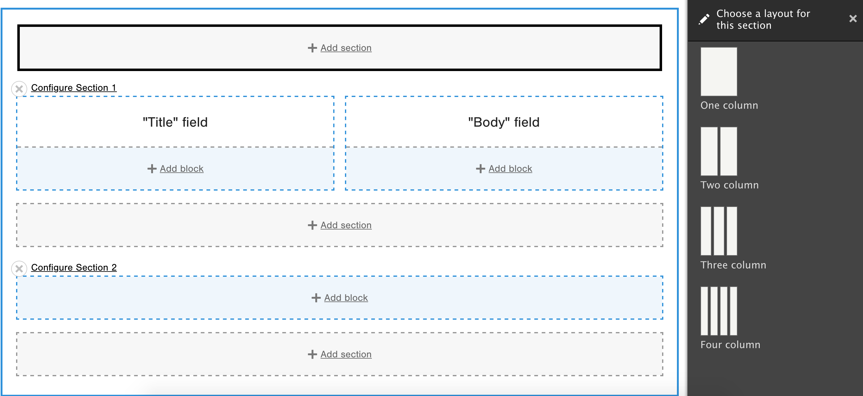 Screenshot showing the Drupal 9 layout builder which has visual blocks and a sidebar showing layout options