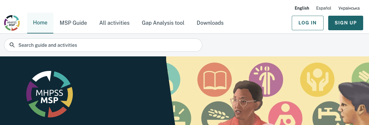 MHPSS MSP homepage showing language switcher in top right corner