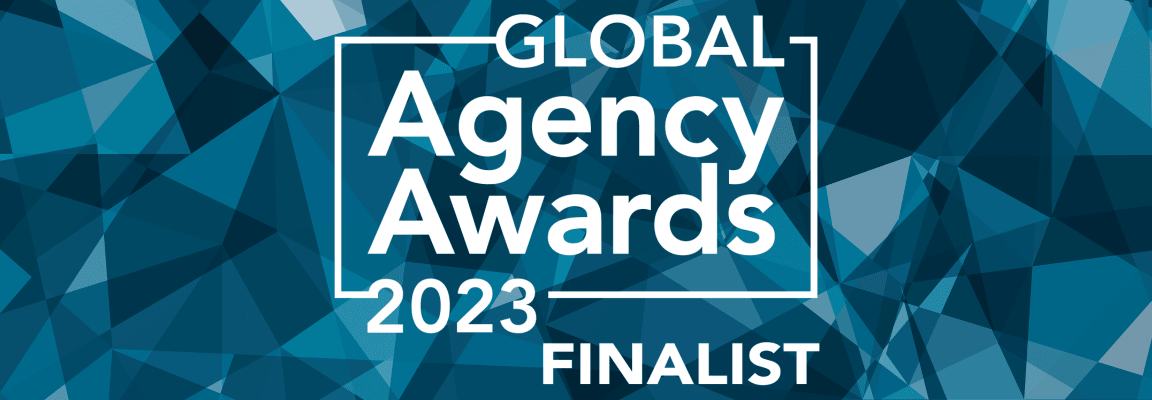 Logo of the Global Agency Awards in white on a geometric background in shades of blue Global Agency Awards 2023 Finalist's logo