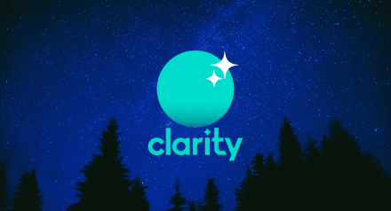 Clarity is here! Clarity logo on starry background