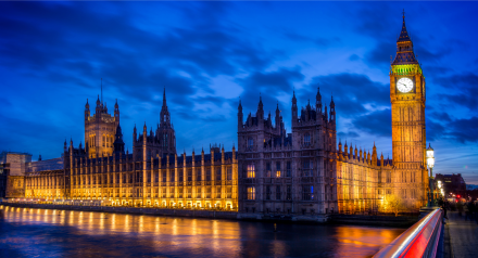 View of the houses of parliament in Westminster at dusk