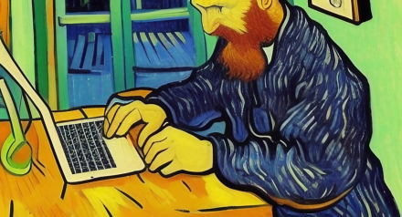 Van Gogh style painting of a man with a red beard working at a laptop