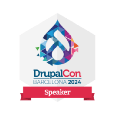 Colourful DrupalCon logo with red Speaker banner