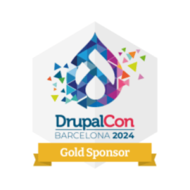 Colourful DrupalCon logo with Gold Sponsor banner